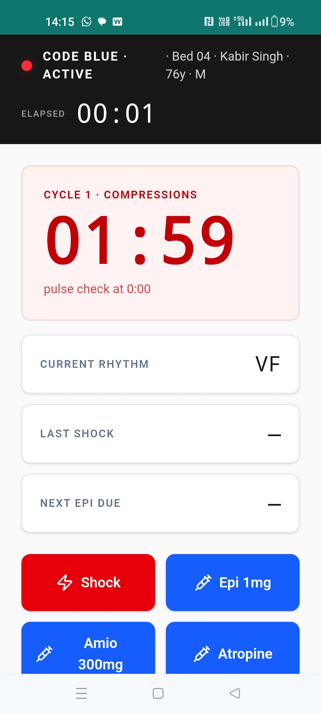 Code Blue Active screen with CPR cycle timer